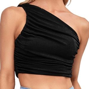 Runched One Shoulder Sleeveless Crop Top